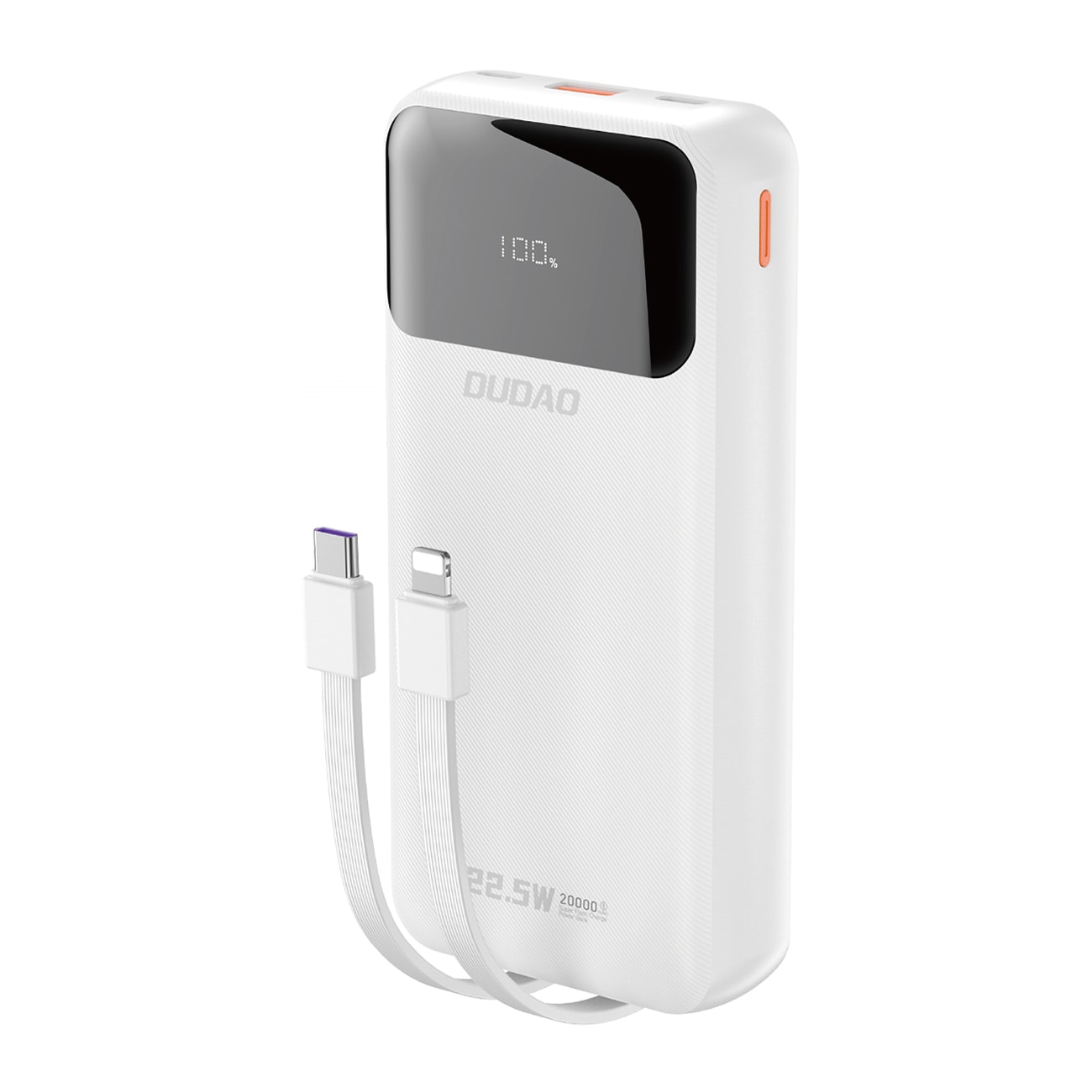 Dudao K15Pro 20000mAh Power Bank 22.5W PD USB-C/USB-A med innebygde kabler - Hvit