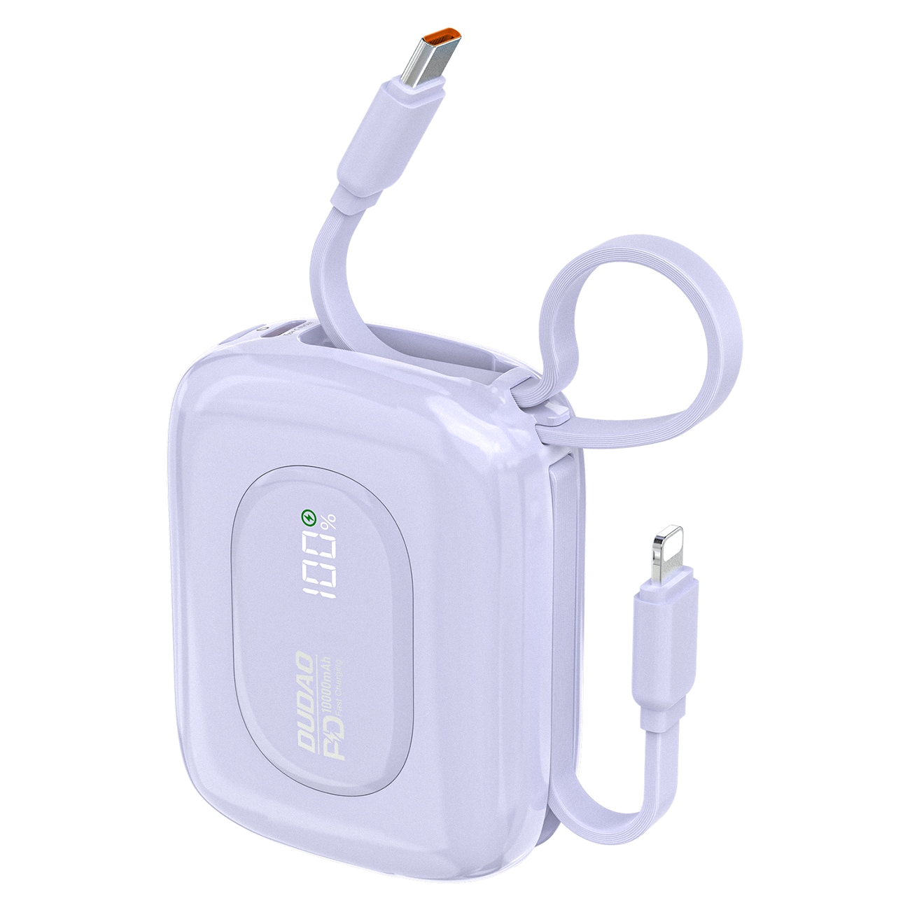 Dudao K32 22,5 W 10000 mAh powerbank med innebygd USB-C/ Lightning-kabel - lilla
