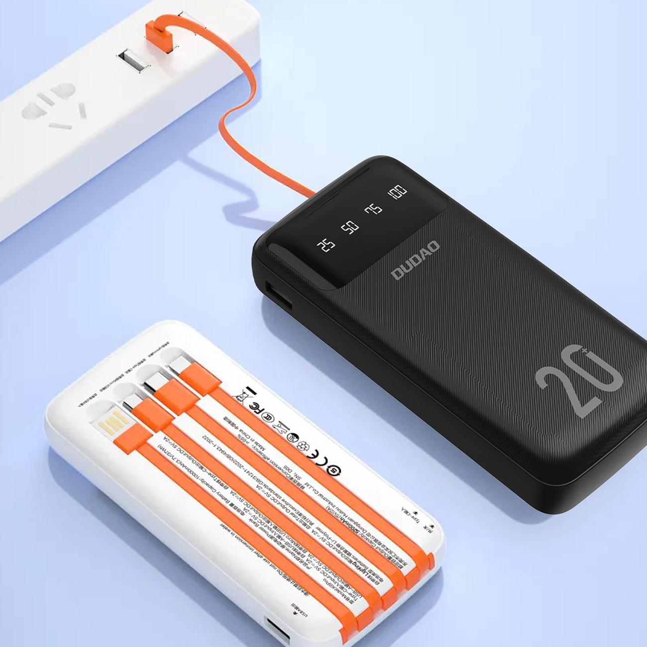 Dudao K6Pro+ 20000mAh powerbank med 3 kabler: USB-C, micro USB, Lightning, svart