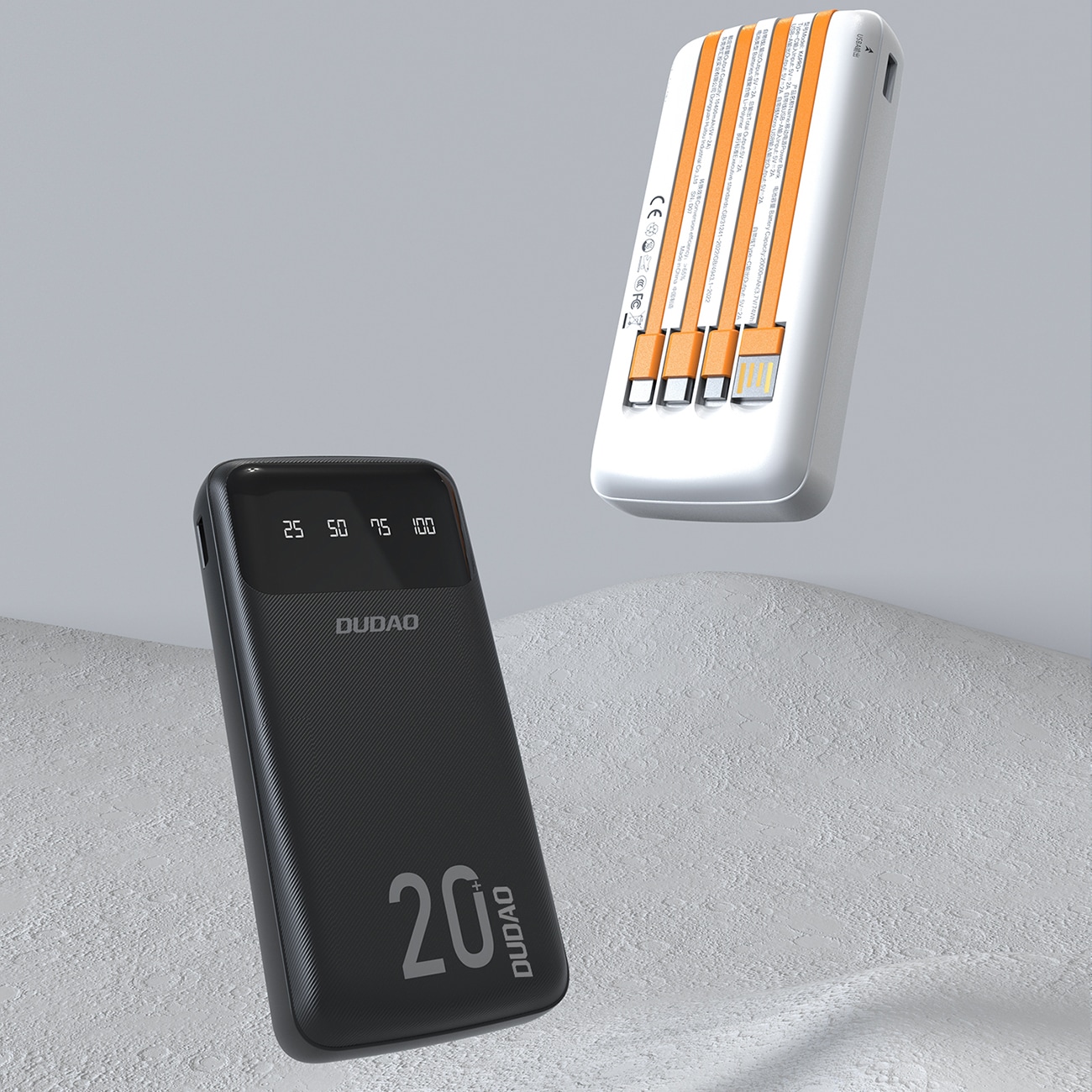 Dudao K6Pro+ 20000mAh powerbank med 3 kabler: USB-C, micro USB, Lightning, svart