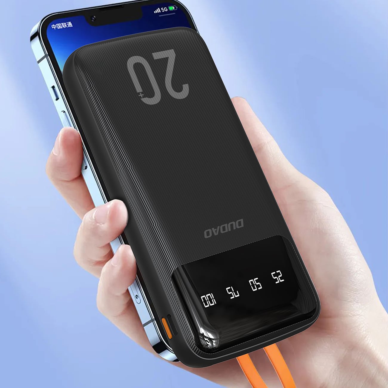 Dudao K6Pro+ 20000mAh powerbank med 3 kabler: USB-C, micro USB, Lightning, svart