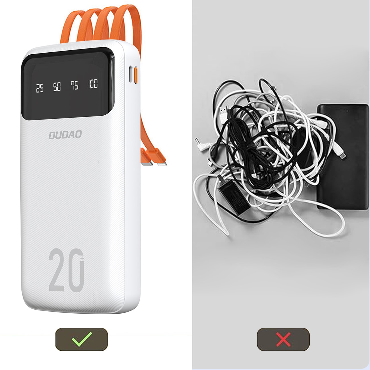 Dudao K6Pro+ 20000mAh powerbank med 3 kabler: USB-C, micro USB, Lightning, svart