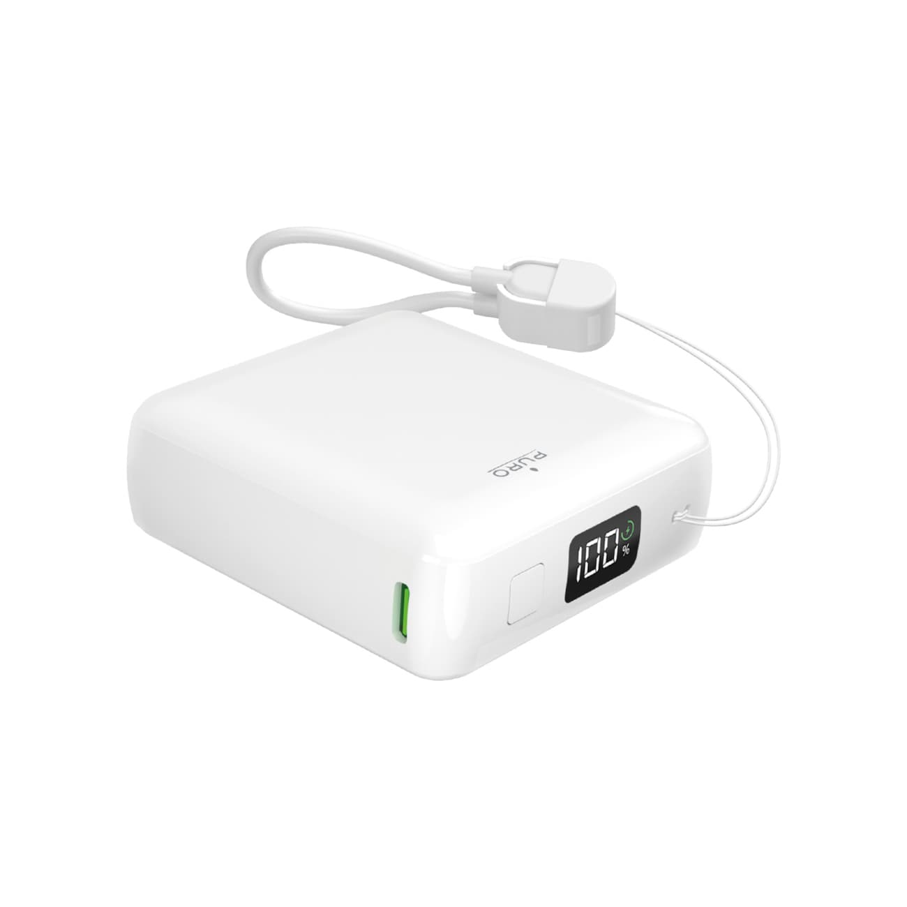 Puro 10000 mAh 20 W USB-C USB-A-strømbank med skjerm og innebygd USB-C-kabel - hvit