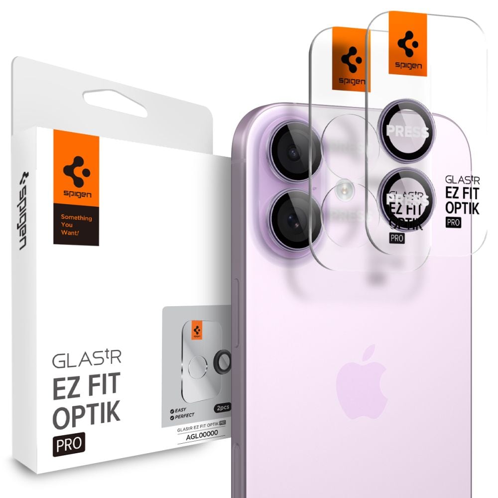 Spigen Optik Pro GLAS.TR "EZ FIT" kameradeksel 2-pakning for iPhone 16 / 16 Plus / 17 - Lilla