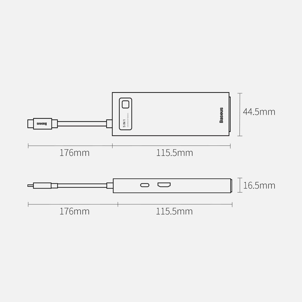Baseus Metal Gleam 5-in-1 USB Type C Hub - 100W PD, 4K HDMI, 3x USB 3.2 Gen 1 (CAHUB-CX0G)