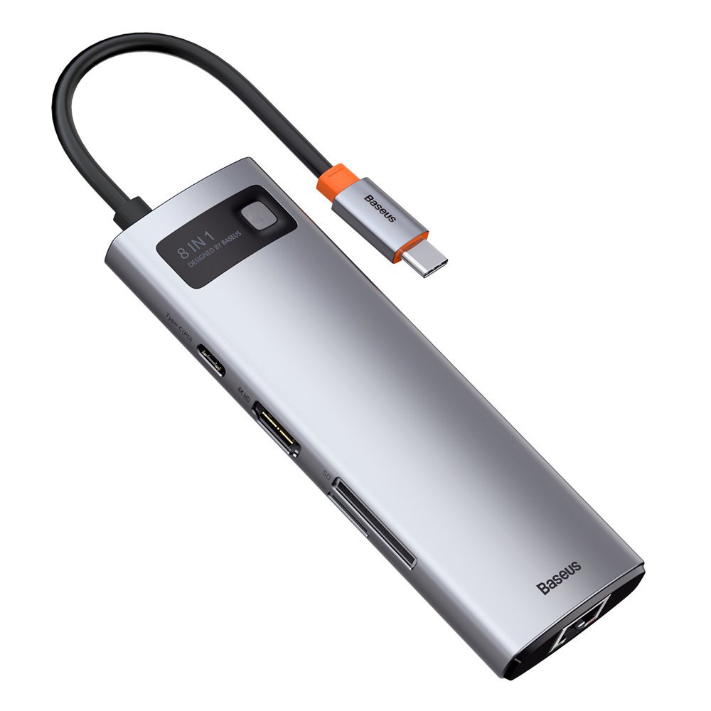 Baseus 8in1 USB-C Hub - 100W PD, 1x HDMI 4K 30Hz, SD/microSD reader, 3x USB-A 3.2, RJ45 - grå