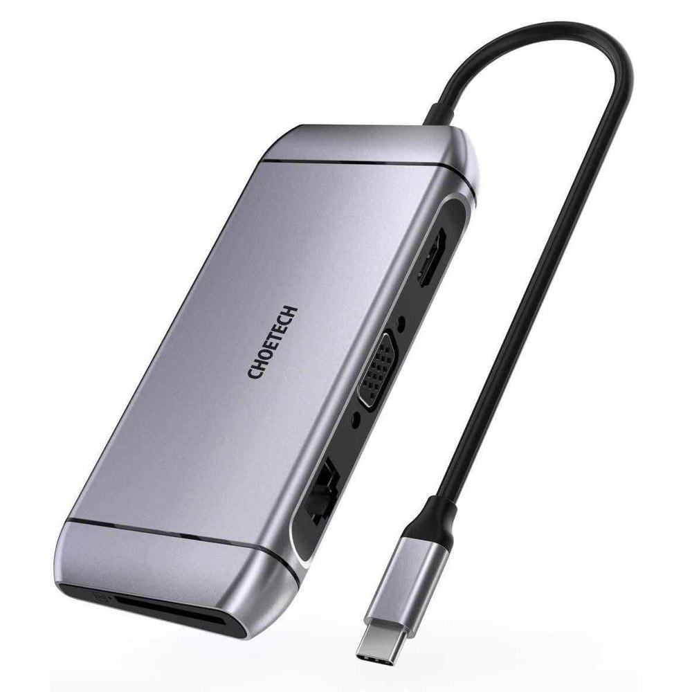 Choetech 9in1 USB Type C HUB - 3x USB 3.2, SD/TF reader, HDMI 4K, VGA FHD, USB C, RJ45 grå