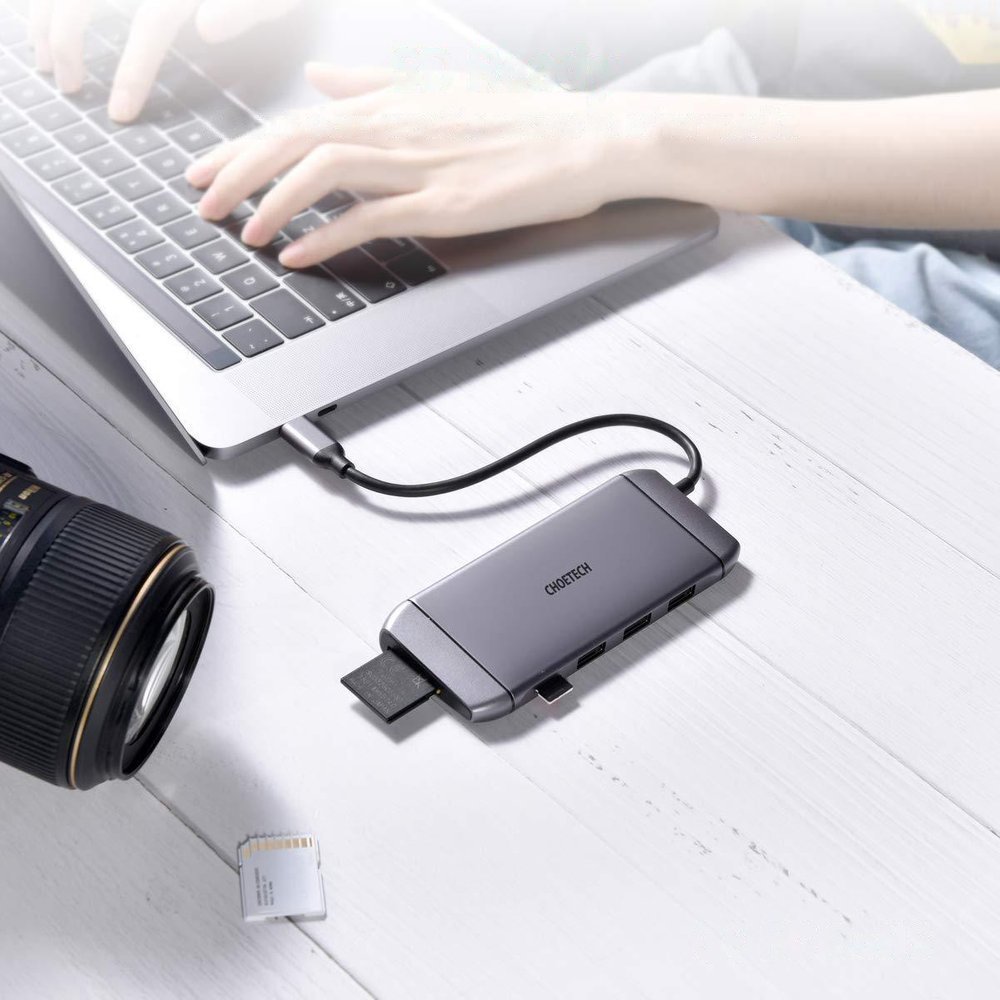 Choetech 9in1 USB Type C HUB - 3x USB 3.2, SD/TF reader, HDMI 4K, VGA FHD, USB C, RJ45 grå