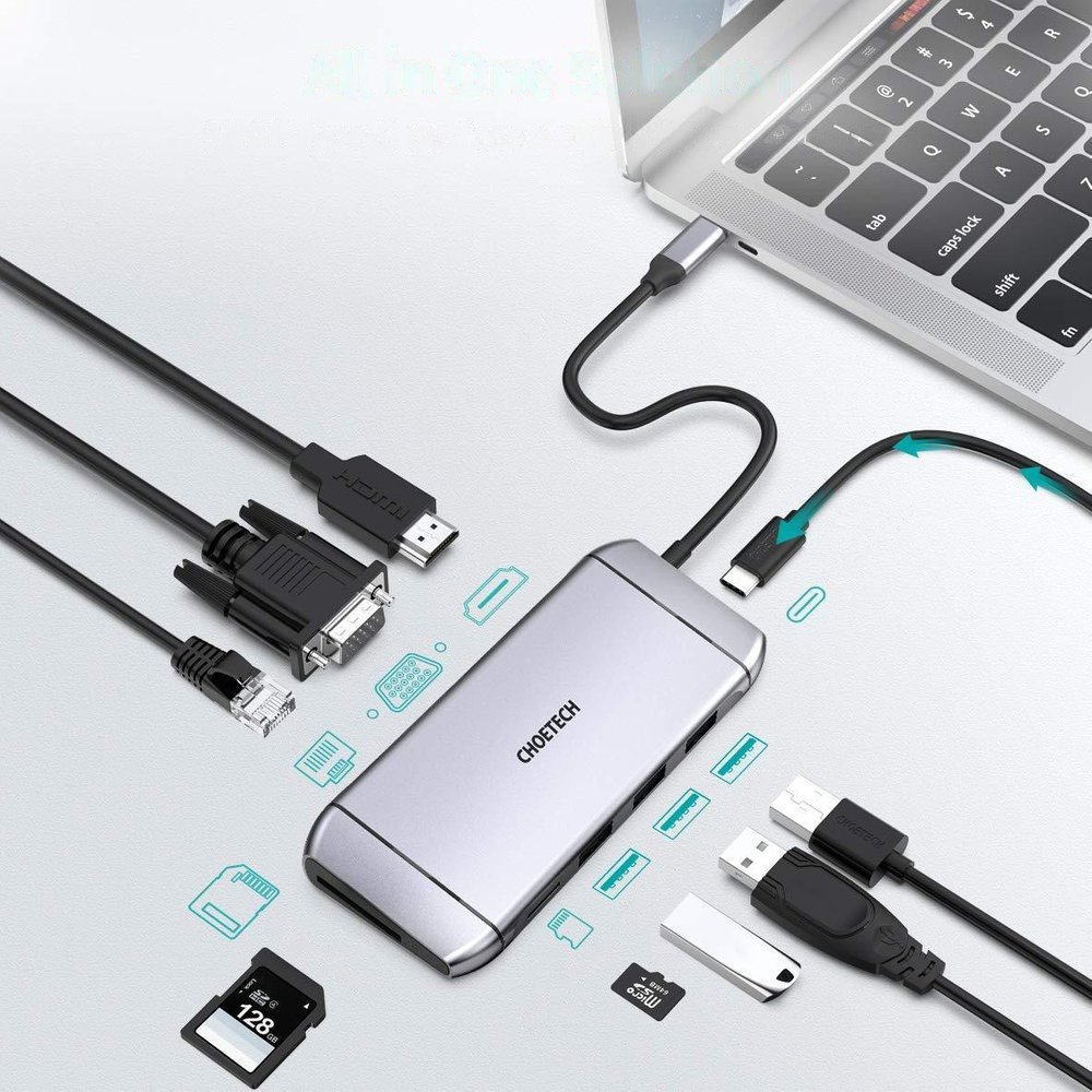 Choetech 9in1 USB Type C HUB - 3x USB 3.2, SD/TF reader, HDMI 4K, VGA FHD, USB C, RJ45 grå