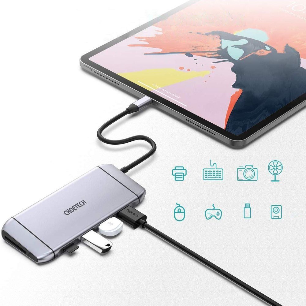 Choetech 9in1 USB Type C HUB - 3x USB 3.2, SD/TF reader, HDMI 4K, VGA FHD, USB C, RJ45 grå