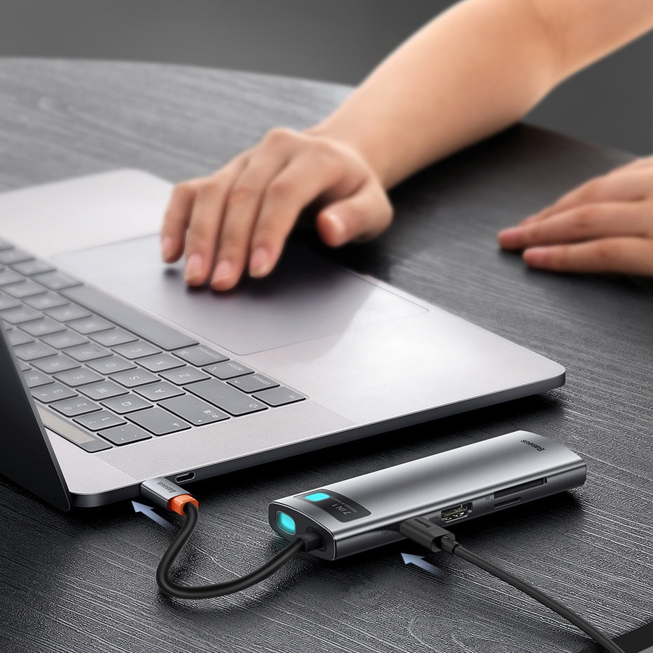 Baseus Metal Gleam Series multifunksjonell USB HUB 7in1 Type C HDMI TF PD-kortleser grå (WKWG020113)