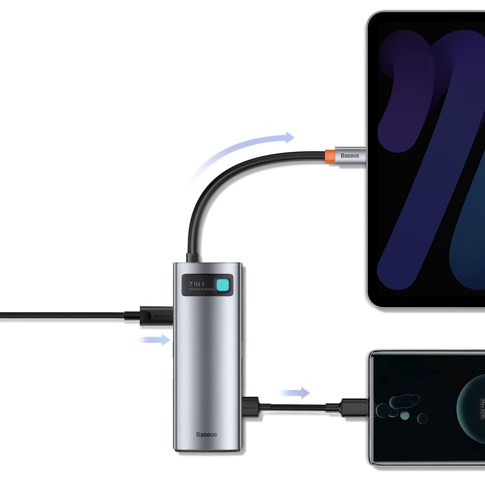 Baseus Metal Gleam Series multifunksjonell USB HUB 7in1 Type C HDMI TF PD-kortleser grå (WKWG020113)