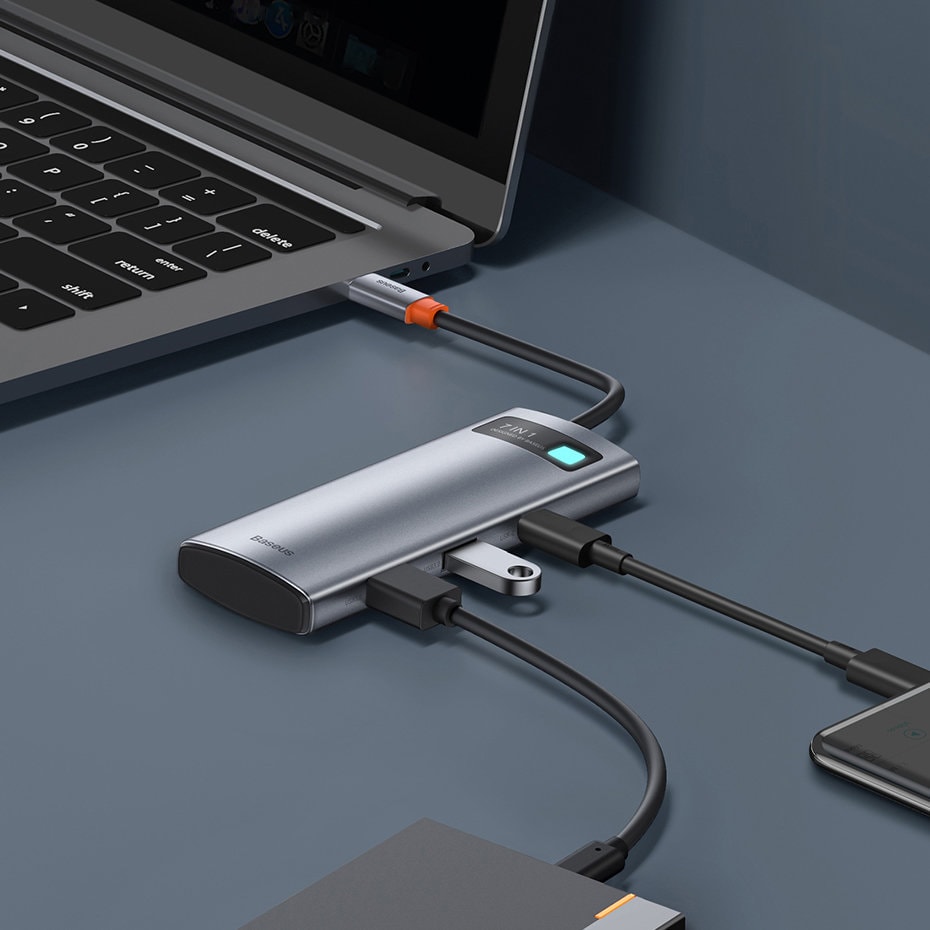 Baseus Metal Gleam Series multifunksjonell USB HUB 7in1 Type C HDMI TF PD-kortleser grå (WKWG020113)