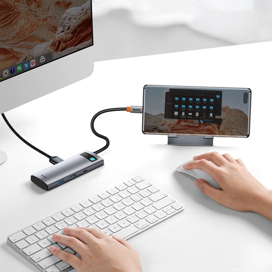Baseus Metal Gleam Series multifunksjonell USB HUB 7in1 Type C HDMI TF PD-kortleser grå (WKWG020113)