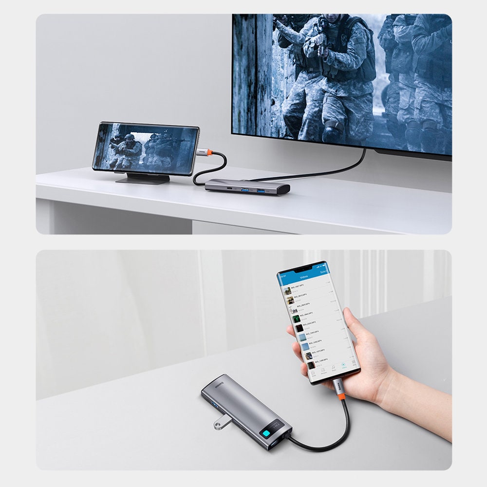 Baseus Metal Gleam Series multifunksjonell USB HUB 7in1 Type C HDMI TF PD-kortleser grå (WKWG020113)
