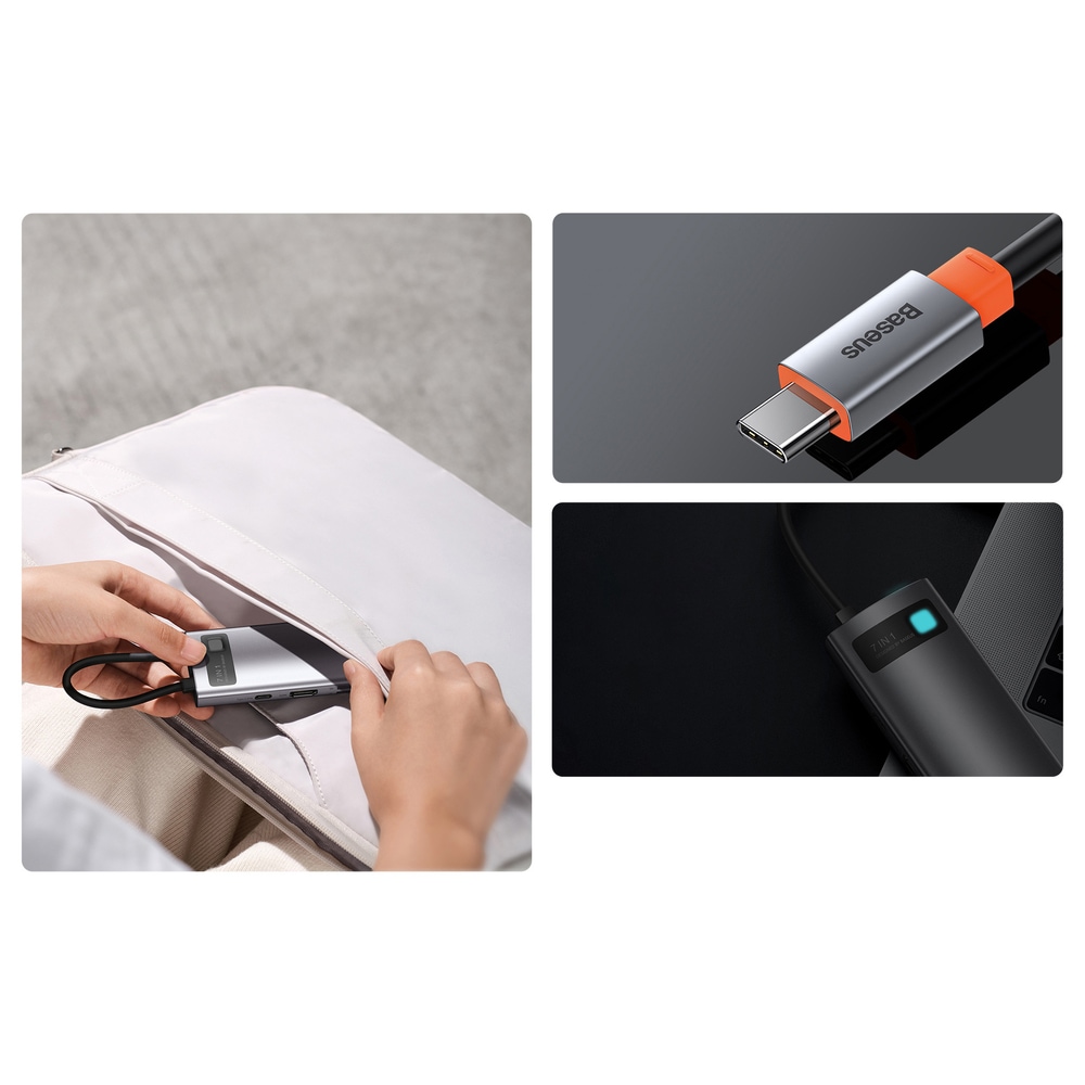 Baseus Metal Gleam Series multifunksjonell USB HUB 7in1 Type C HDMI TF PD-kortleser grå (WKWG020113)