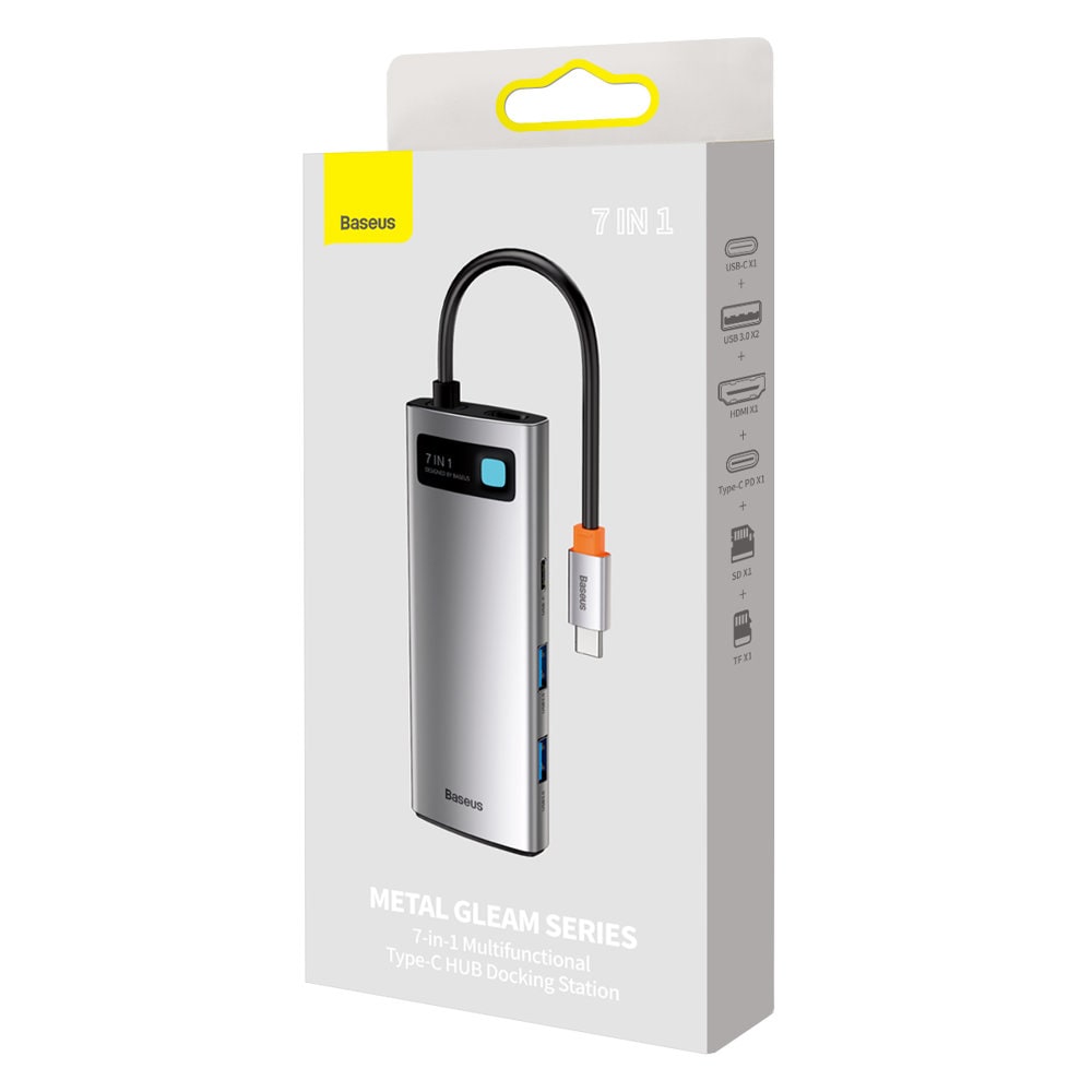 Baseus Metal Gleam Series multifunksjonell USB HUB 7in1 Type C HDMI TF PD-kortleser grå (WKWG020113)