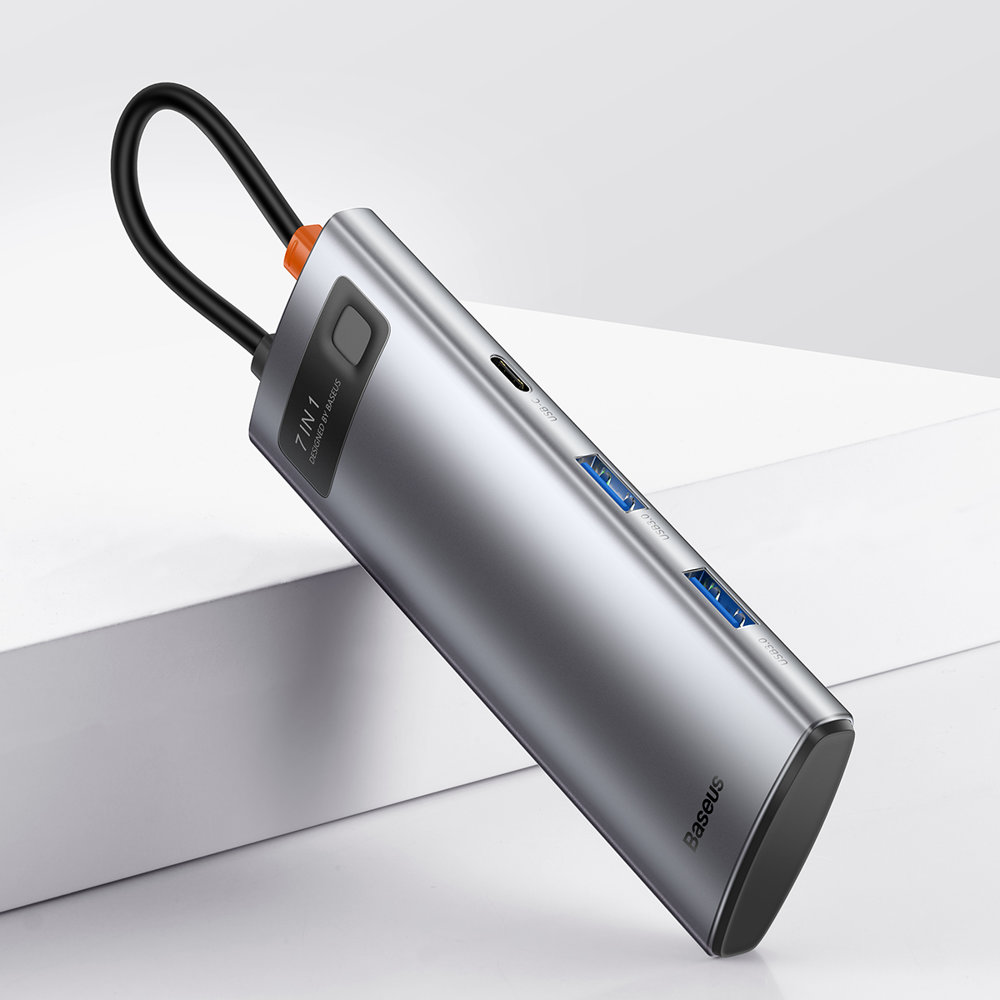 Baseus Metal Gleam Series multifunksjonell USB HUB 7in1 Type C HDMI TF PD-kortleser grå (WKWG020113)
