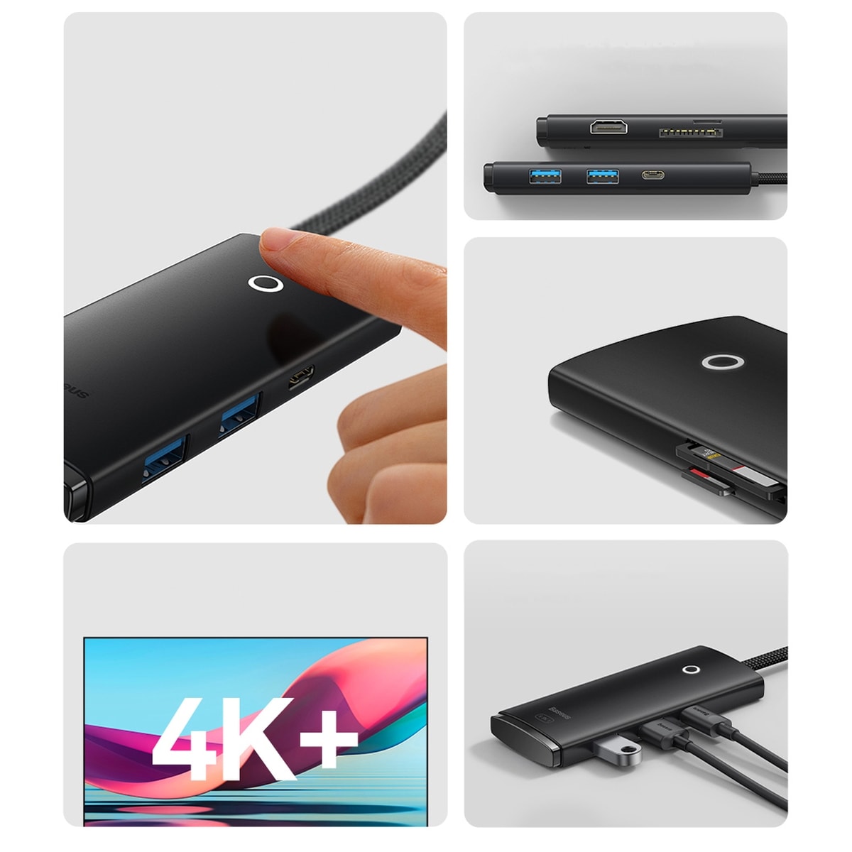 Baseus Lite Series USB Type C HUB - 2 x USB 3.0 / USB Type C / HDMI / SD/TF OTG svart (WKQX050001)