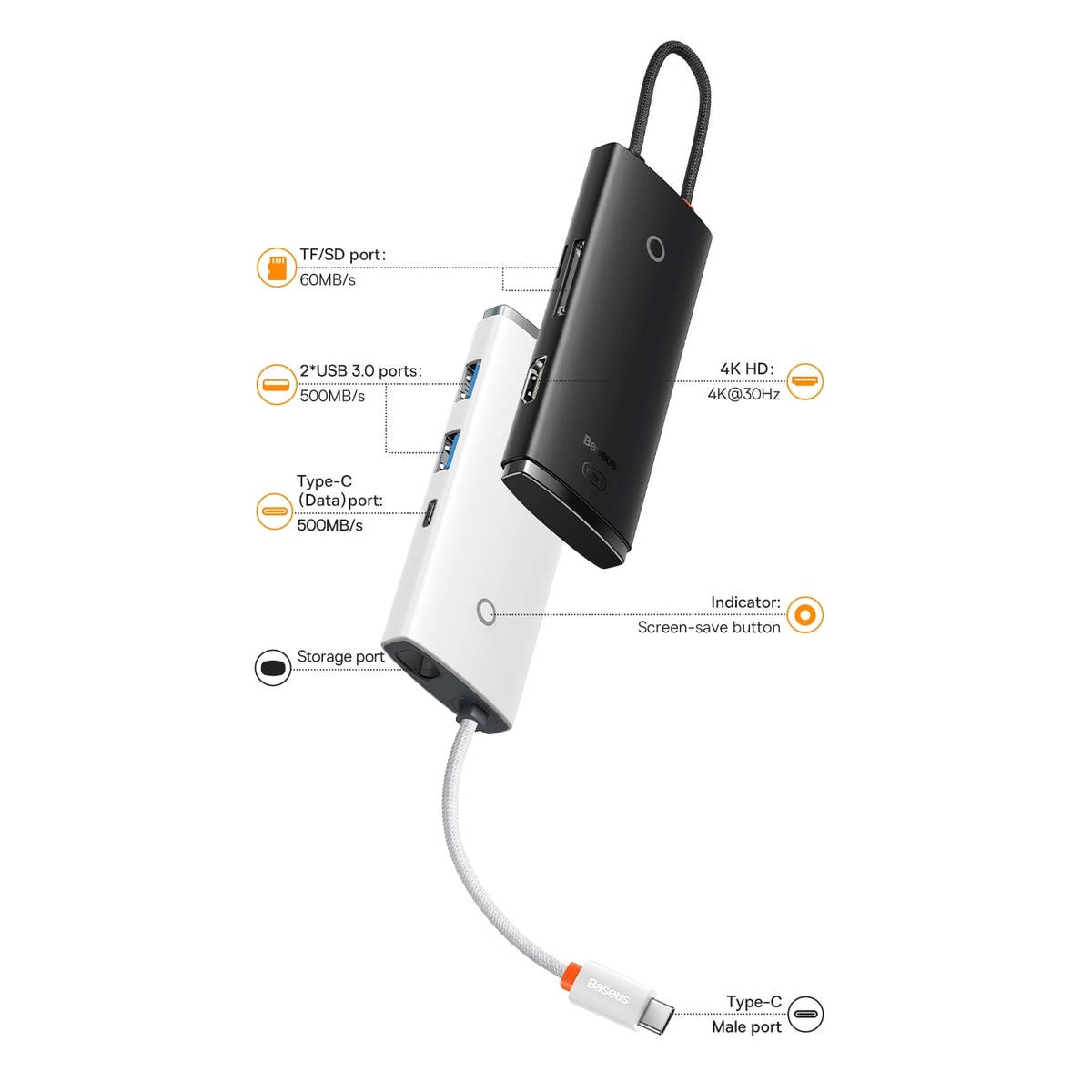 Baseus Lite Series USB Type C HUB - 2 x USB 3.0 / USB Type C / HDMI / SD/TF OTG svart (WKQX050001)