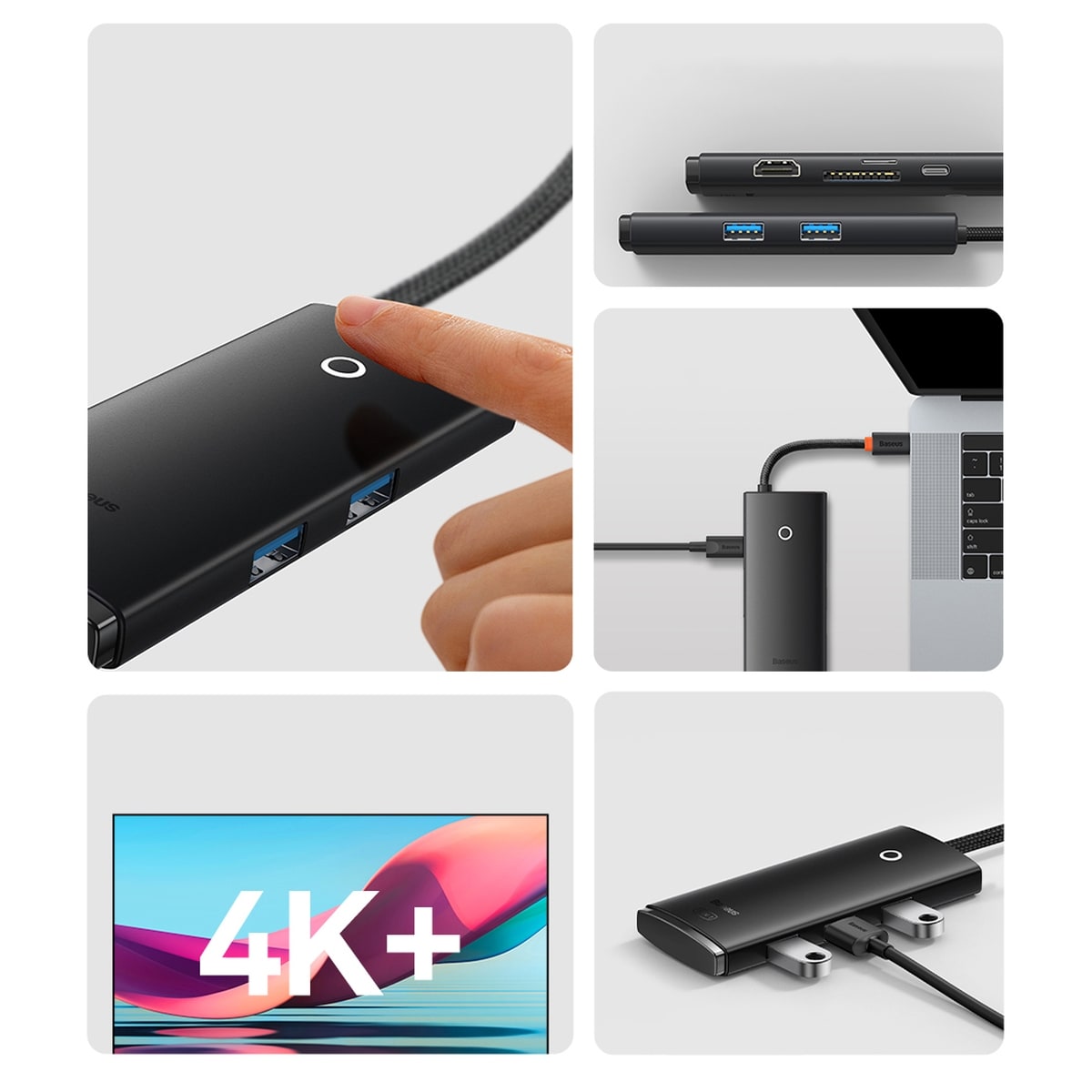 Baseus Lite Series multifunksjonell HUB USB Type C - 2 x USB 3.0, USB Type C PD, HDMI, SD/TF svart