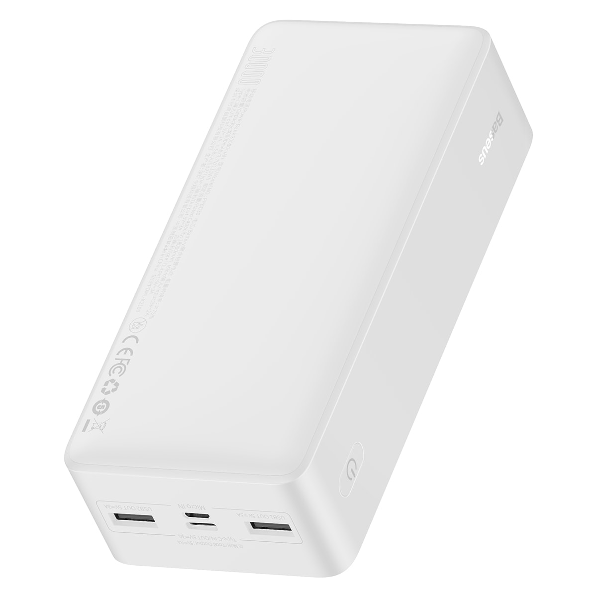 Baseus Bipow 30000mAh Power Bank med skjerm 15W hvit + USB-A - Micro USB-kabel 0,25 m hvit