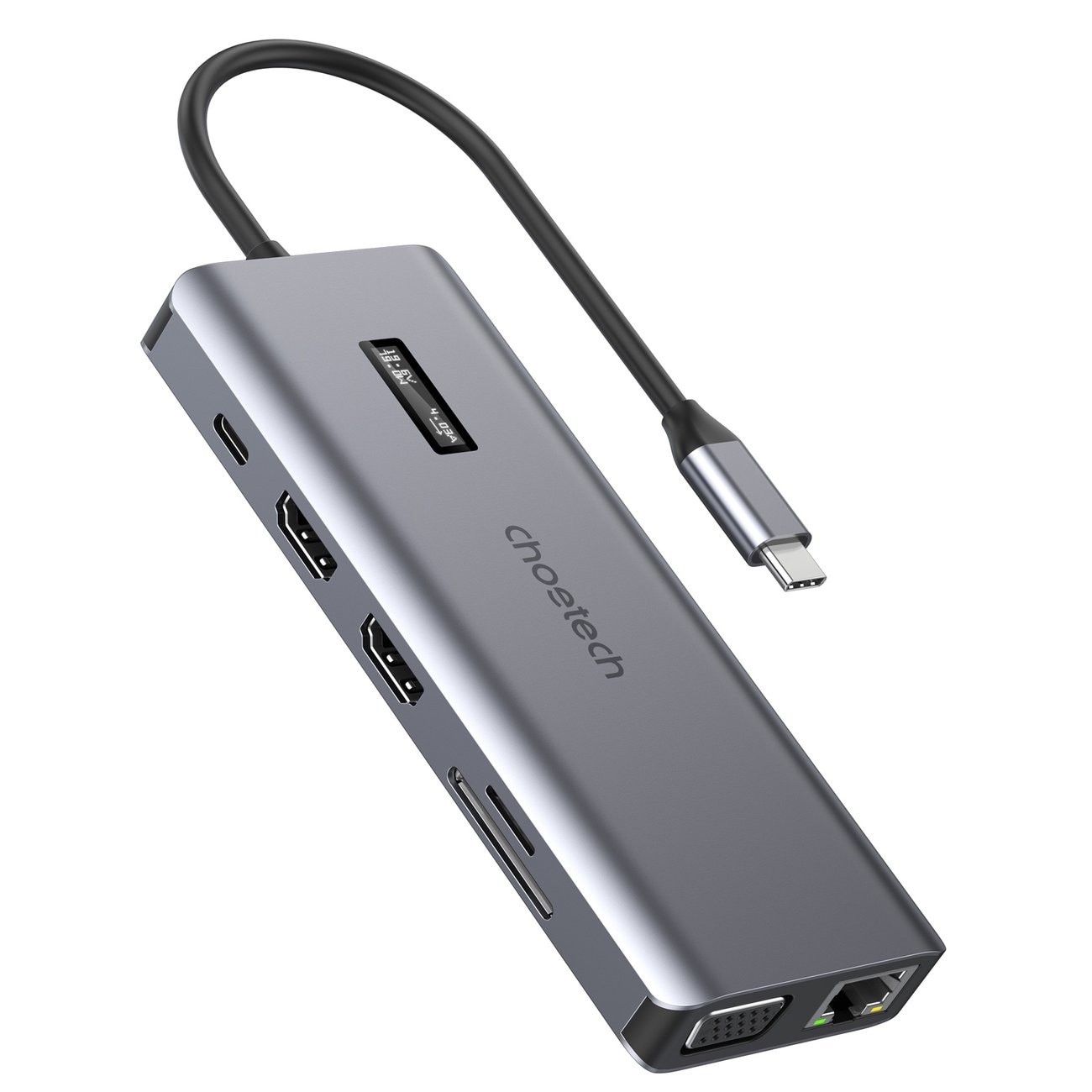 Choetech 12in1 USB-C HUB med skjerm - USB-C/USB-A/HDMI/VGA/AUX/SD/TF, grå (HUB-M26)