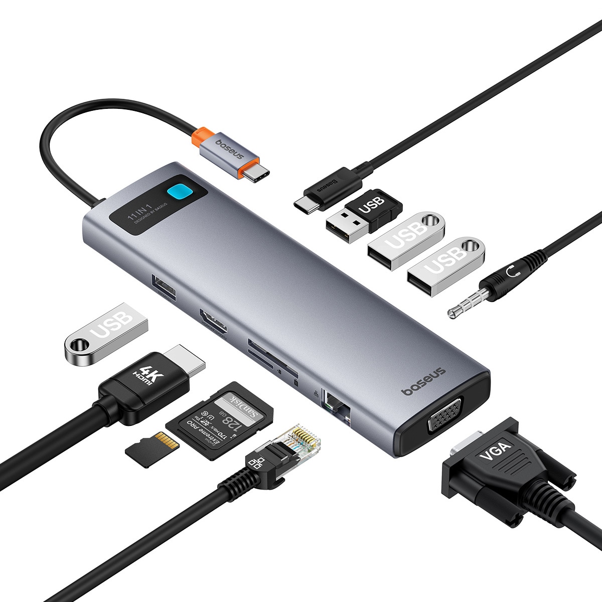 HUB 11in1 Baseus Metal Gleam USB-C PD/3x USB-A 3.0/USB-A 2.0/HDMI/VGA/AUX/RJ-45/SD TF - grå