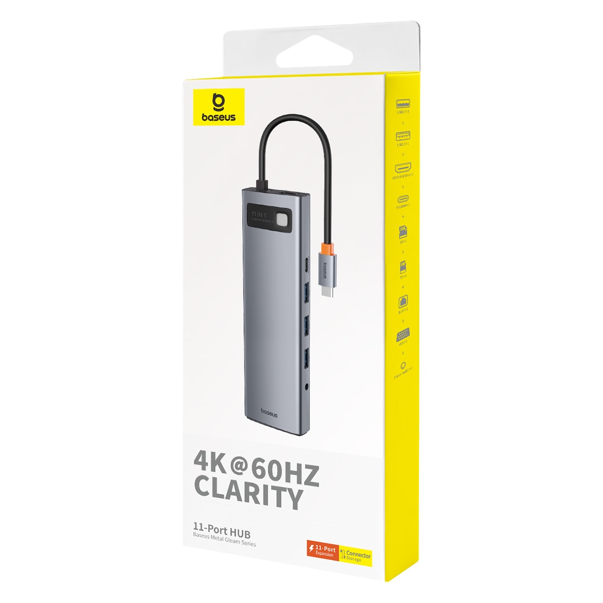 HUB 11in1 Baseus Metal Gleam USB-C PD/3x USB-A 3.0/USB-A 2.0/HDMI/VGA/AUX/RJ-45/SD TF - grå
