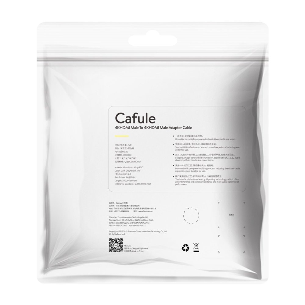 Baseus Cafule HDMI / HDMI 2.0 4K 60 Hz 3D 18 Gbps-kabel 2 m - svart