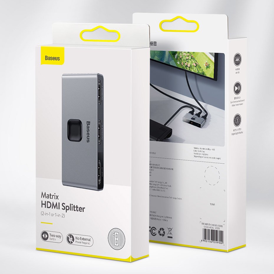 Baseus toveis bryter splitter svitsj HDMI - 2x HDMI 4K / 30 Hz grå (CAHUB-BC0G)