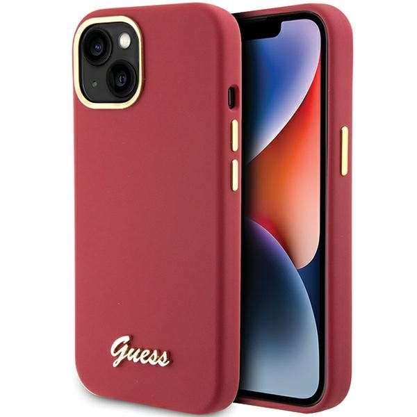 Guess Silikon Script Metal Logo & Frame-etui for iPhone 15 - rød