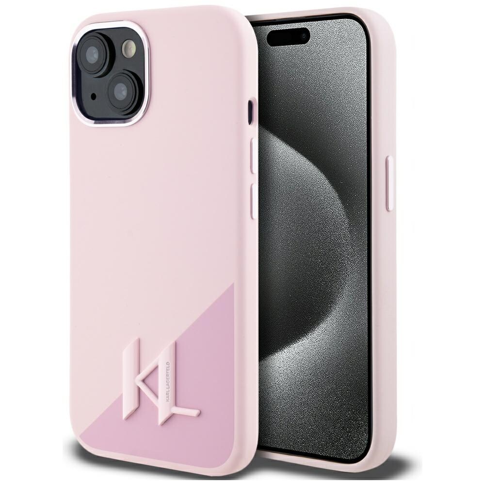 Karl Lagerfeld MagSafe iPhone 15-etui i silikon med metallskygge Initial MagSafe iPhone 15 rosa