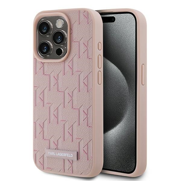 Karl Lagerfeld lærveske med metallogo og monogram for iPhone 15 Pro - rosa