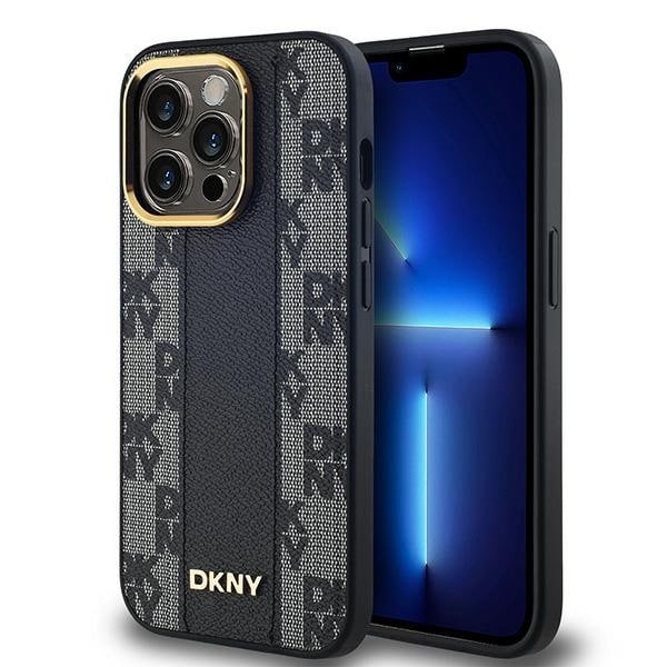 DKNY MagSafe-etui i skinn med rutete ensfarget mønster for iPhone 14 Pro - svart