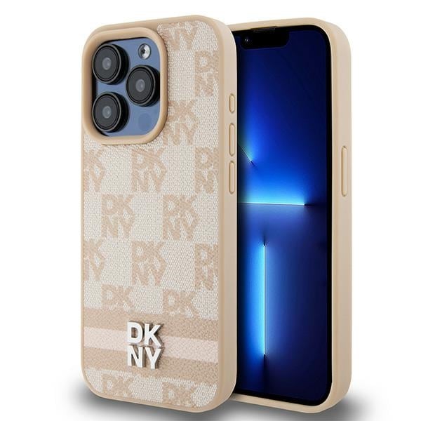 DKNY skinnveske med rutete ensfarget mønster og trykte striper til iPhone 15 Pro - rosa