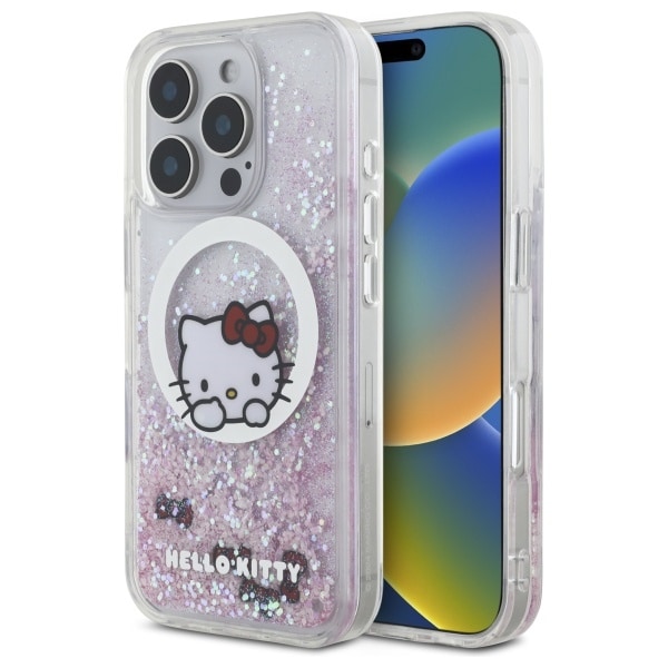 Hello Kitty MagSafe iPhone 16 Pro-etui med flytende glitter og søte kattesløyfer - hvit