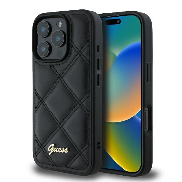 Guess Quiltet metallogo iPhone 16 Pro-etui - svart