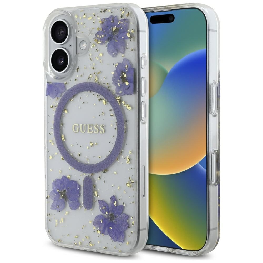 Guess Resin Flowers Glitter MagSafe-etui for iPhone 16 - lilla