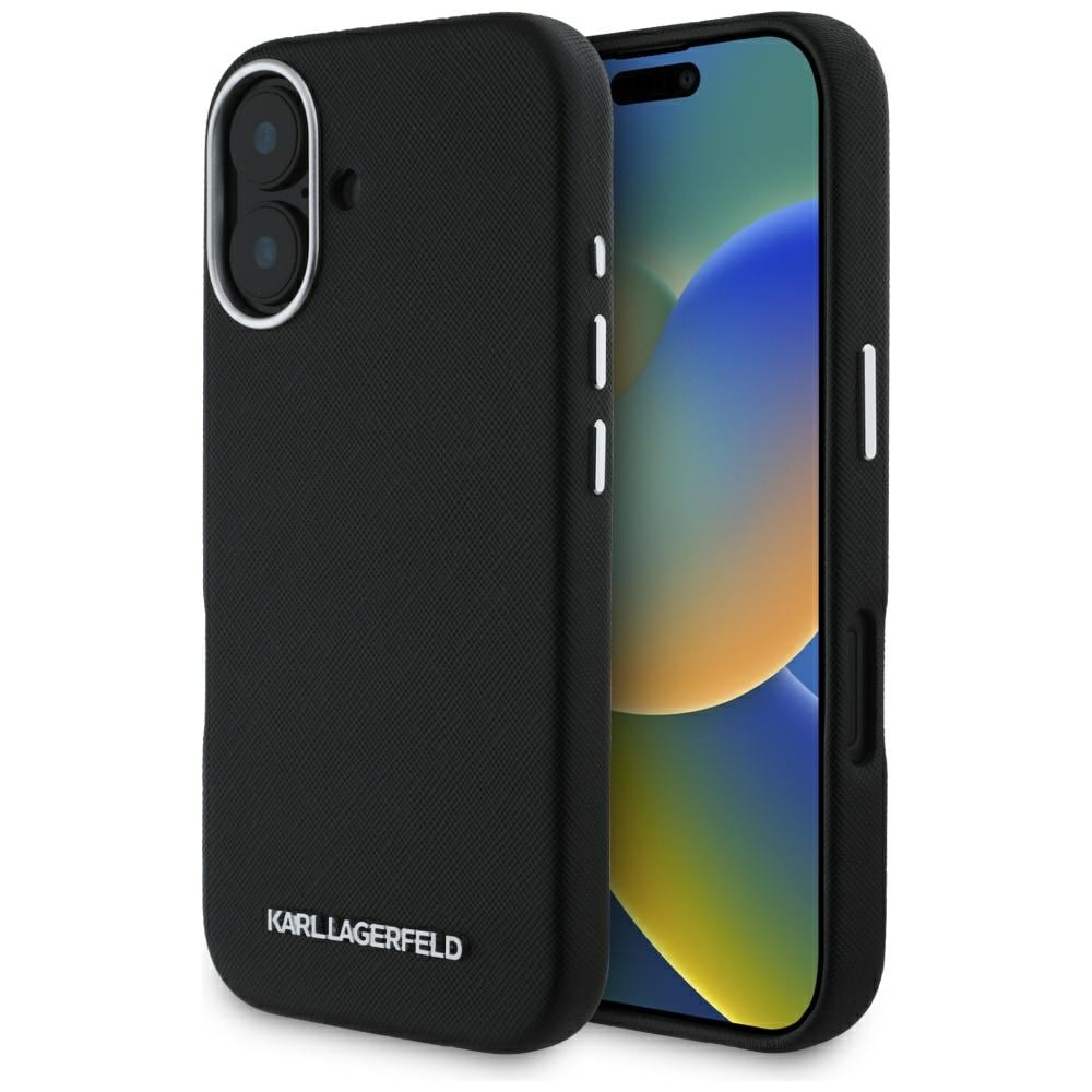 Karl Lagerfeld Saffiano MagSafe-etui med metallogo og langstrakt metallogo for iPhone 16 - Svart