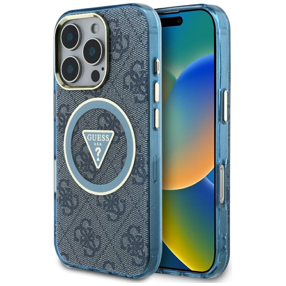 Guess IML metallglitter 4G sirkel triangel MagSafe-etui for iPhone 16 Pro - blå