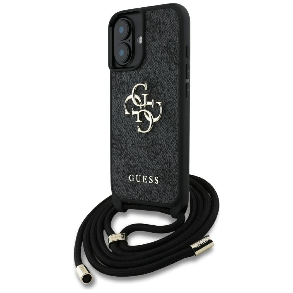 Guess 4G Big Logo Cord Stap Crossbody-etui for iPhone 16 Plus Svart