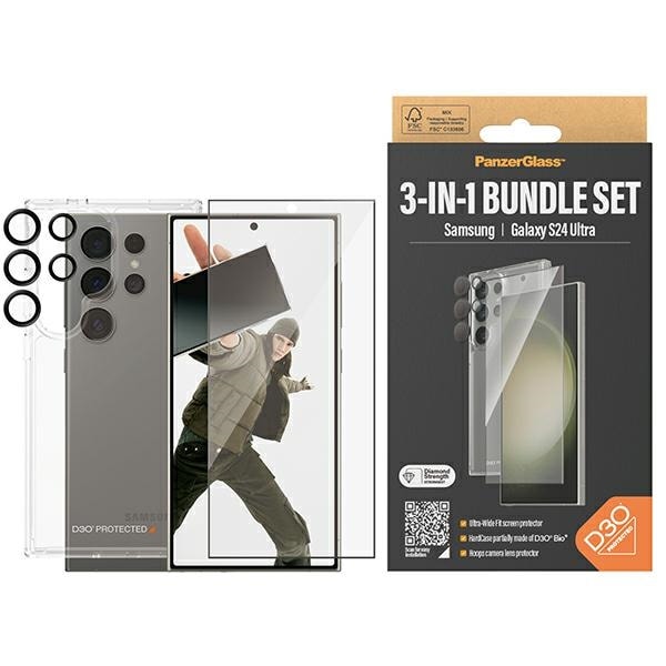 PanzerGlass Bundle 3in1 gjennomsiktig etui + film + kamerabeskytter for Samsung Galaxy S24 Ultra