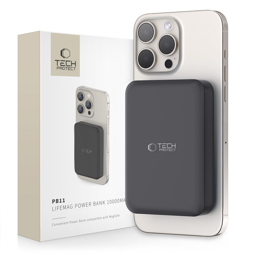 Tech-Protect LifeMag PB11 Powerbank med MagSafe 10000mAh 15W USB-C-port - svart + USB-C-kabel
