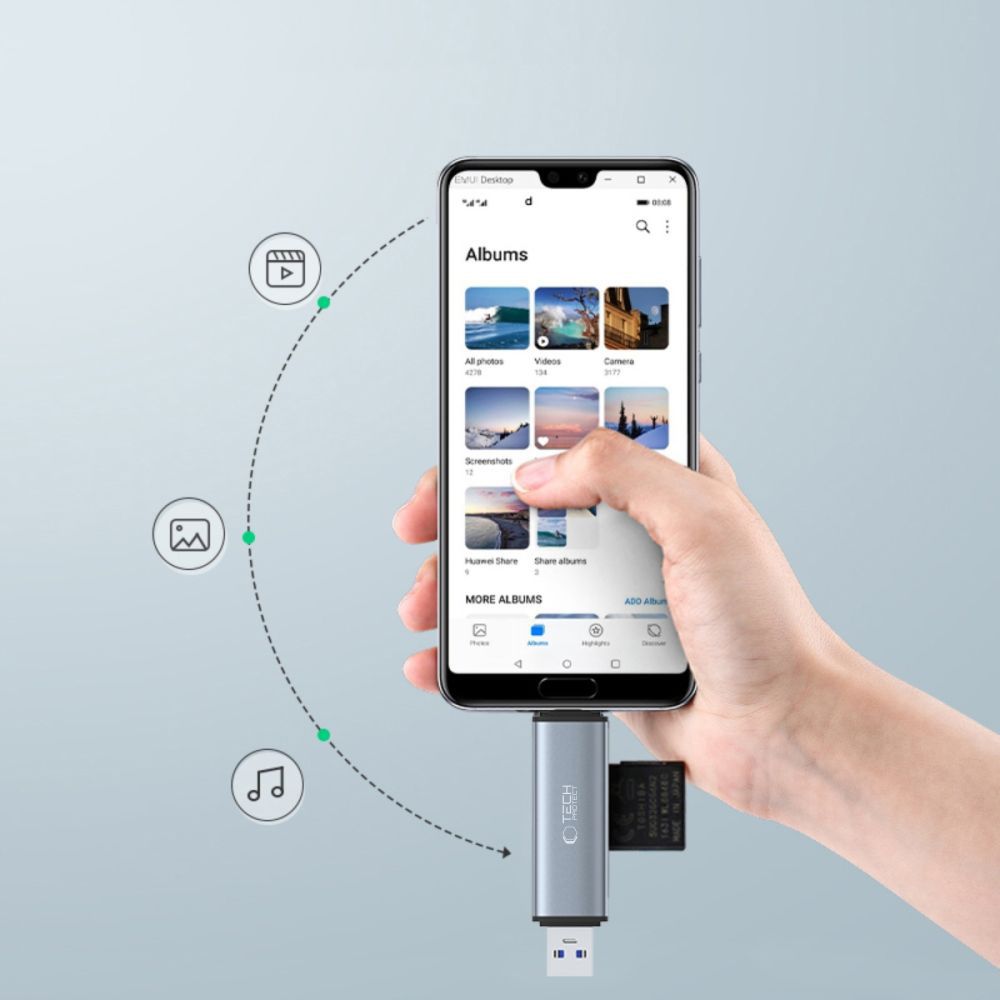 Tech-Protect Ultraboost SD/microSD-kortleser - USB-C og USB-A 3.0, opptil 5 Gb/s