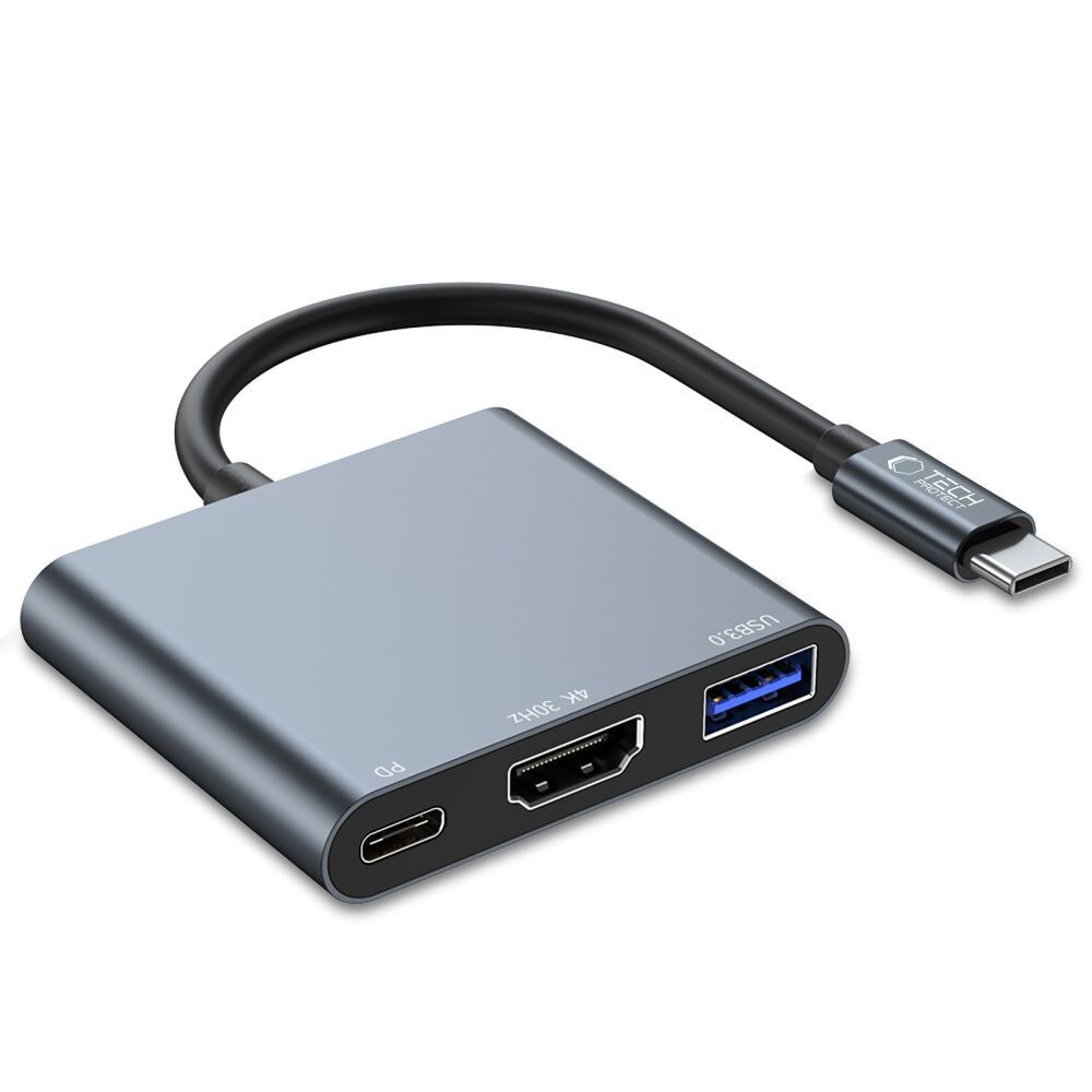 HUB Tech-Protect V1 3in1 USB-C - USB-A 3.0 / USB-C PD 100W / HDMI 4K 30Hz - grå