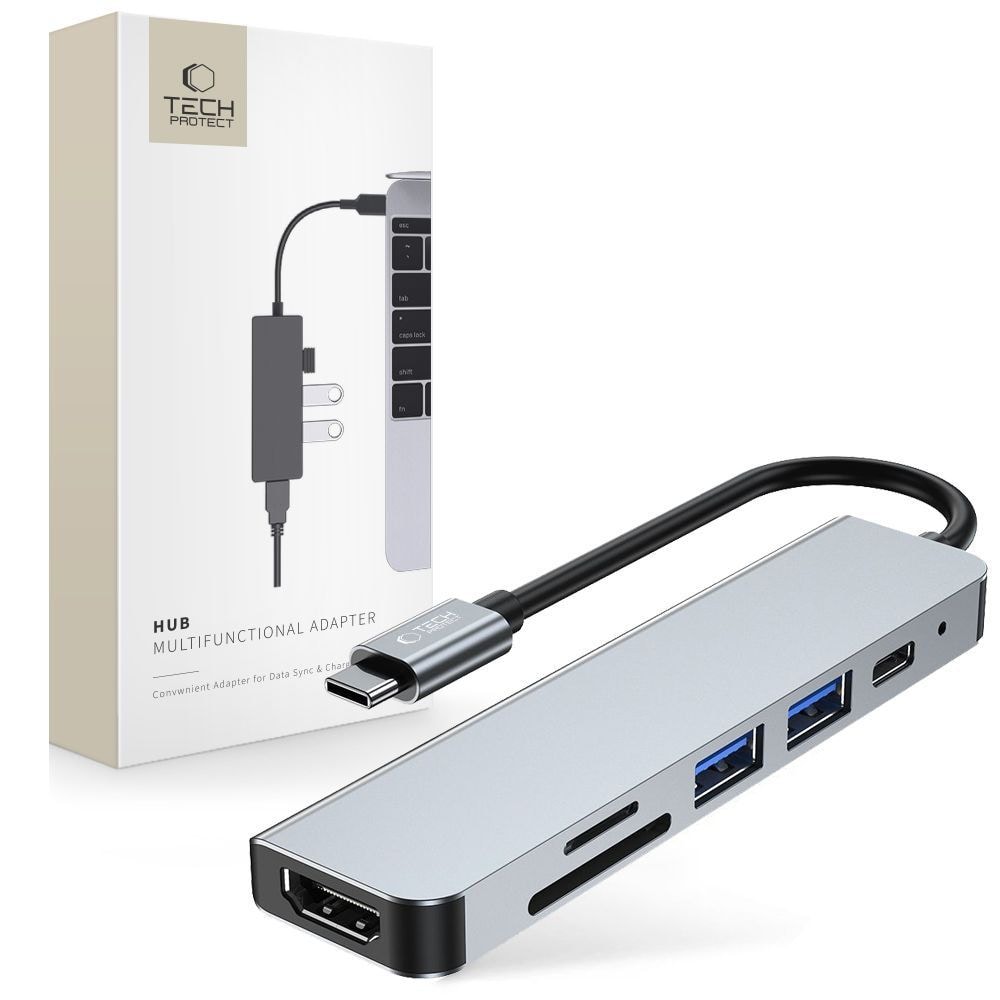 HUB Tech-Protect V4 6in1 USB-C/USB-A 3.0/2.0/HDMI/micro SD/TF/SD card reader - gray