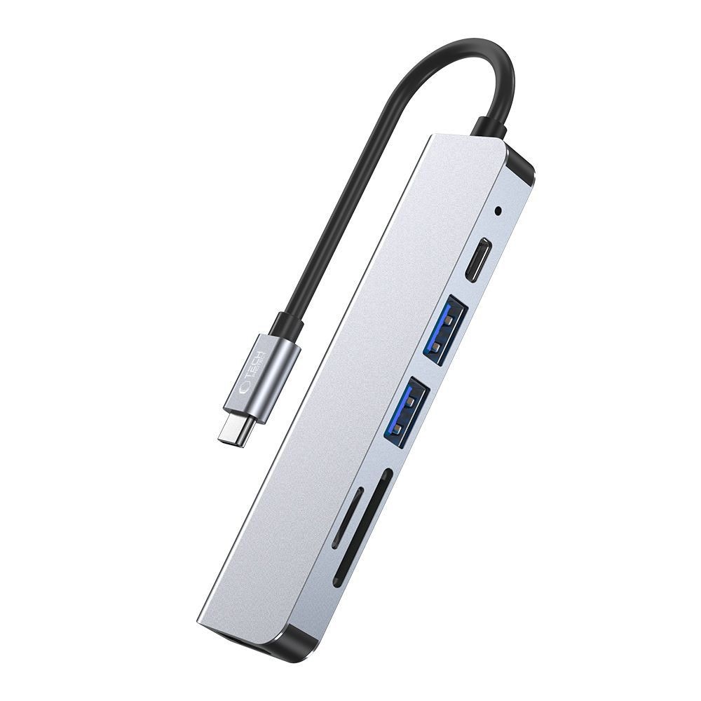 HUB Tech-Protect V4 6in1 USB-C/USB-A 3.0/2.0/HDMI/micro SD/TF/SD card reader - gray