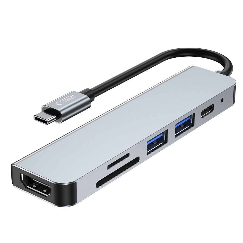 HUB Tech-Protect V4 6in1 USB-C/USB-A 3.0/2.0/HDMI/micro SD/TF/SD card reader - gray