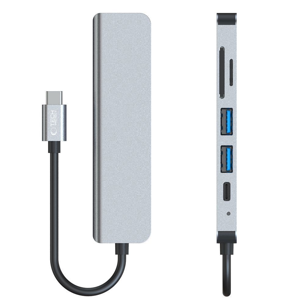 HUB Tech-Protect V4 6in1 USB-C/USB-A 3.0/2.0/HDMI/micro SD/TF/SD card reader - gray